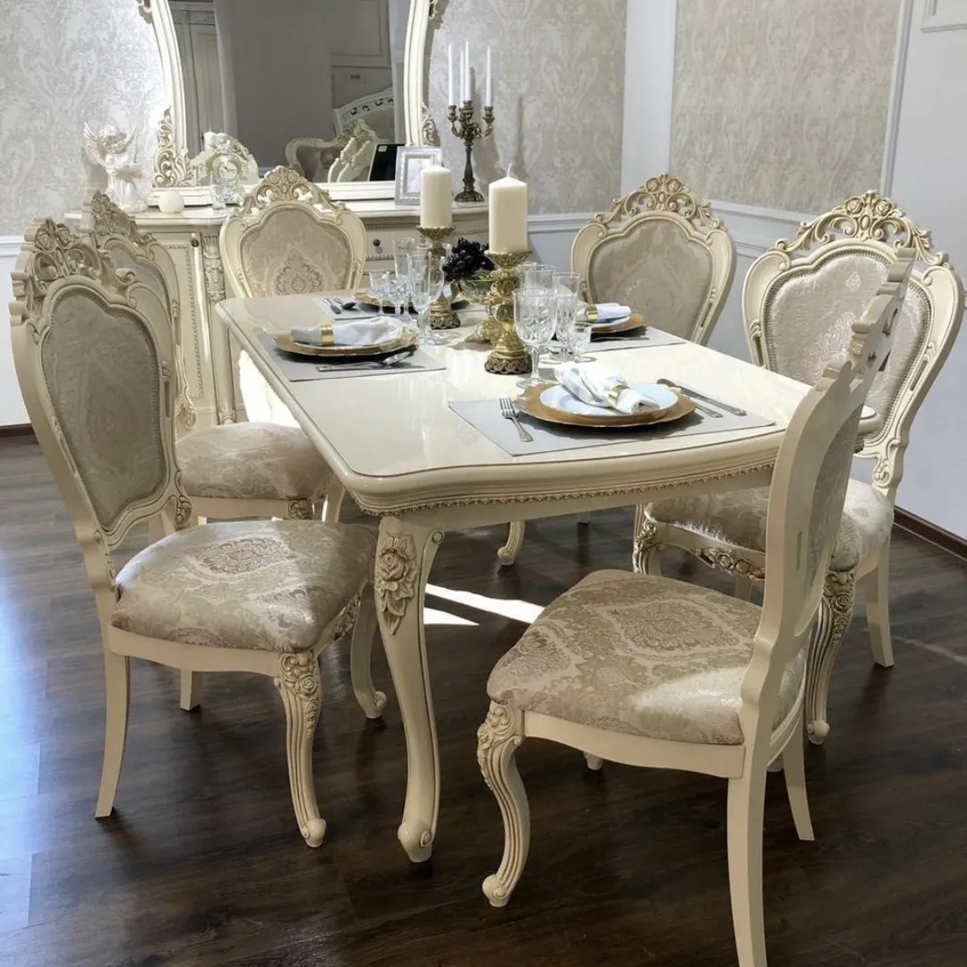 Baroque Ivory & Champagne Classic Dining Table Set - 6-Seater | Khan Fabrics & Furniture