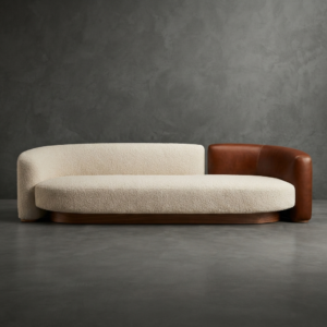 Modern Italian 3-Seater Curved Boucle & Leather Sofa | Khan Fabrics & Furniture