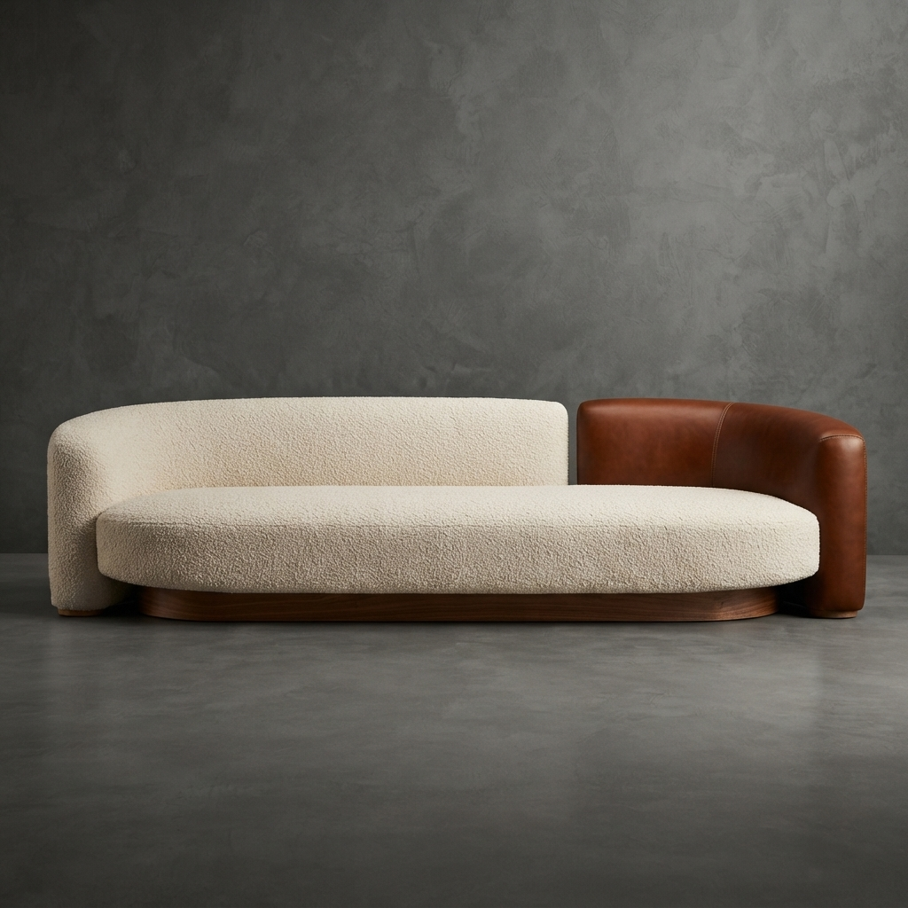 Modern Italian 3-Seater Curved Boucle & Leather Sofa | Khan Fabrics & Furniture