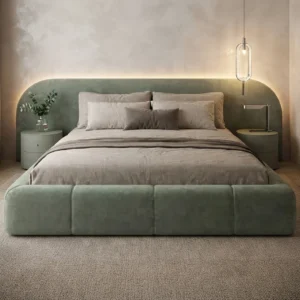 Modern Minimalist Sage Green Upholstered Bed & Nightstands Set | Khan Fabrics & Furniture