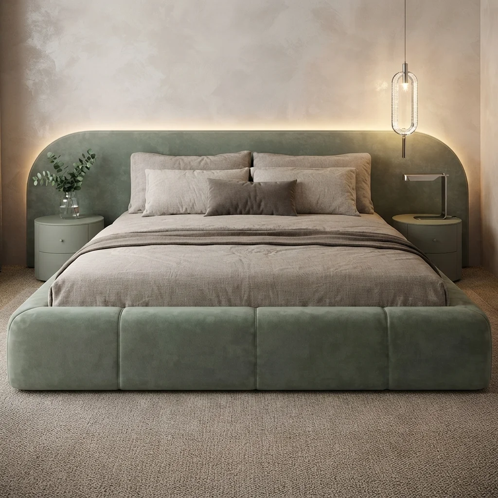Modern Minimalist Sage Green Upholstered Bed & Nightstands Set | Khan Fabrics & Furniture