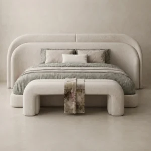 Modern Minimalist Extended Backrest Upholstered Bed & Nightstands Set | Khan Fabrics & Furniture