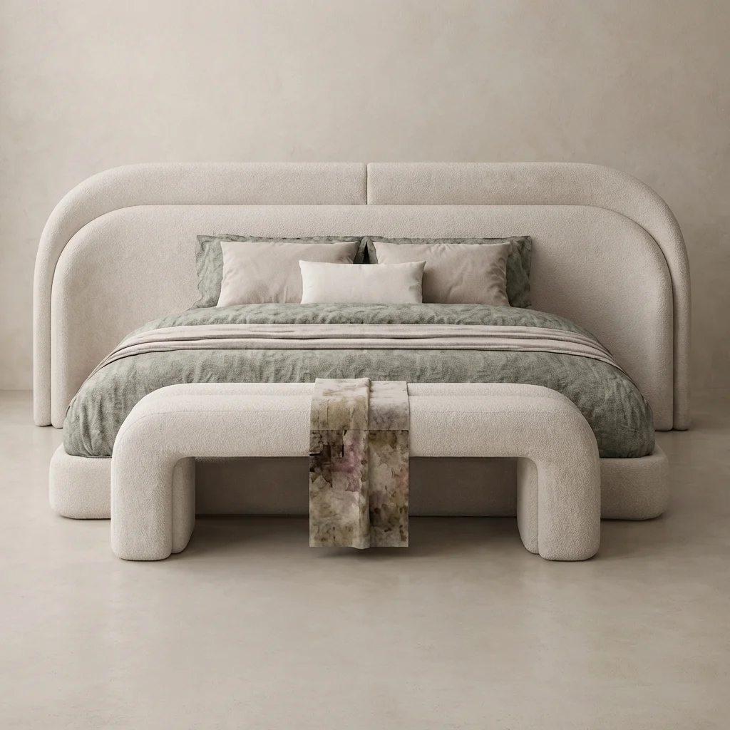 Modern Minimalist Extended Backrest Upholstered Bed & Nightstands Set | Khan Fabrics & Furniture