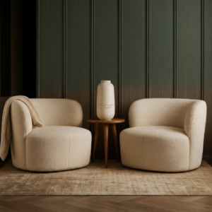 Modern Bouclé Accent Chairs with HDF Frame & Nippon Paint Accents | Khan Fabrics & Furniture