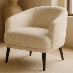 Modern Bouclé Barrel Accent Chair | Khan Fabrics & Furniture