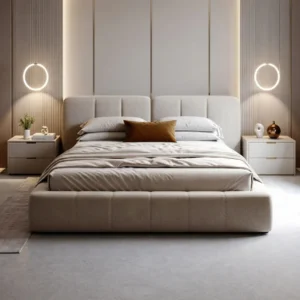 Modern Tufted Panel Bed & Minimalist Nightstands Set | Khan Fabrics & Furniture