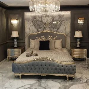 Luxury Tufted Classic King-Size Bed Set with Carved Gold Trim | Khan Fabrics & Furniture