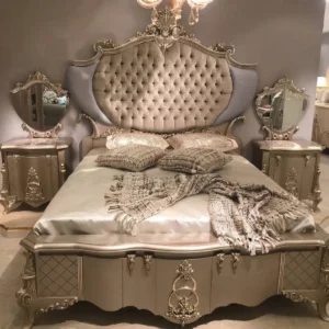 Royal Champagne & Gold Carved Master Bed Set with Vanity Mirrors | Khan Fabrics & Furniture