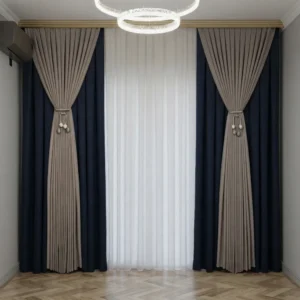 Two-Tone Layered Curtain Set with Decorative Ball-Drop Tie-Belt | Khan Fabrics & Furniture