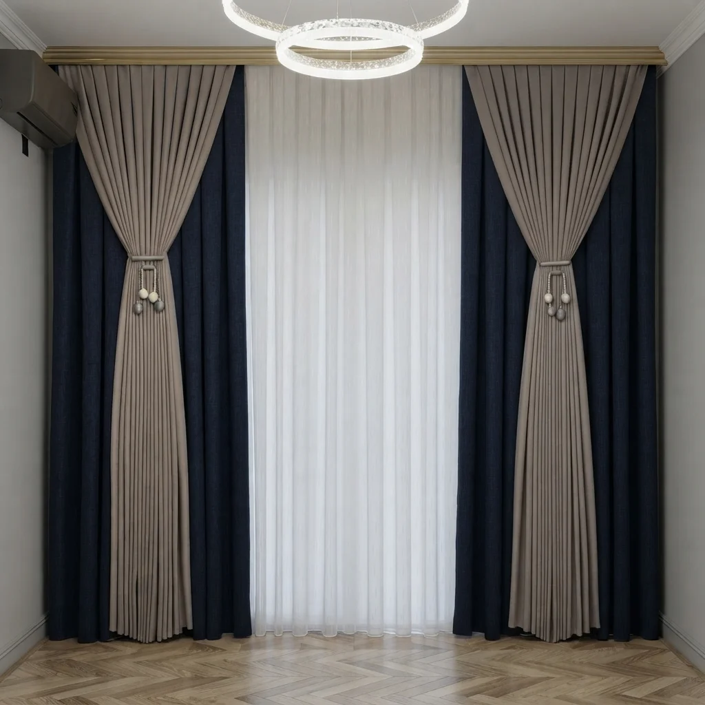 Two-Tone Layered Curtain Set with Decorative Ball-Drop Tie-Belt | Khan Fabrics & Furniture