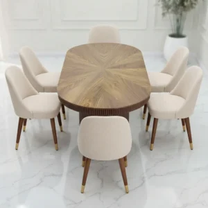 Modern Sunburst Veneer Dining Table & 8 Upholstered Chairs Set | Khan Fabrics & Furniture