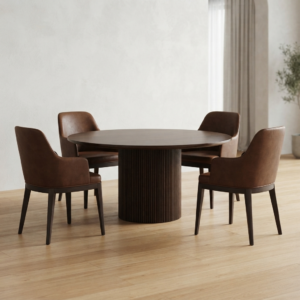 Modern Round Fluted Dining Table & 4 Upholstered Armchairs Set | Khan Fabrics & Furniture