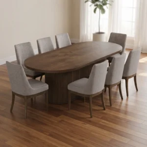 Modern Fluted Oval Dining Table & 8 Upholstered Chairs Set | Khan Fabrics & Furniture