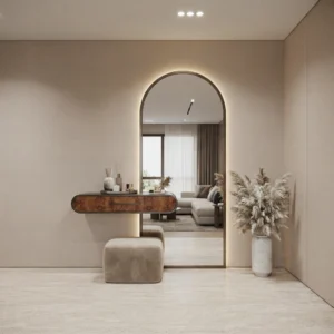 Modern Arched Backlit Mirror with Floating Vanity Drawer & Pouf | Khan Fabrics & Furniture