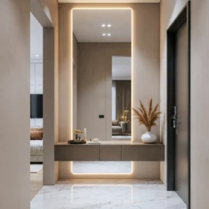 Modern Backlit LED Wall Mirror with Floating Console | Khan Fabrics & Furniture