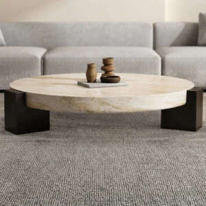 Modern Round Stone Top Center Table with Block Base (2'6'' x 3'6'') | Khan Fabrics & Furniture