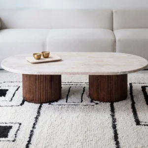 Modern Oval Stone Top Center Table with Fluted Wooden Bases (2'6'' x 3'6'') | Khan Fabrics & Furniture